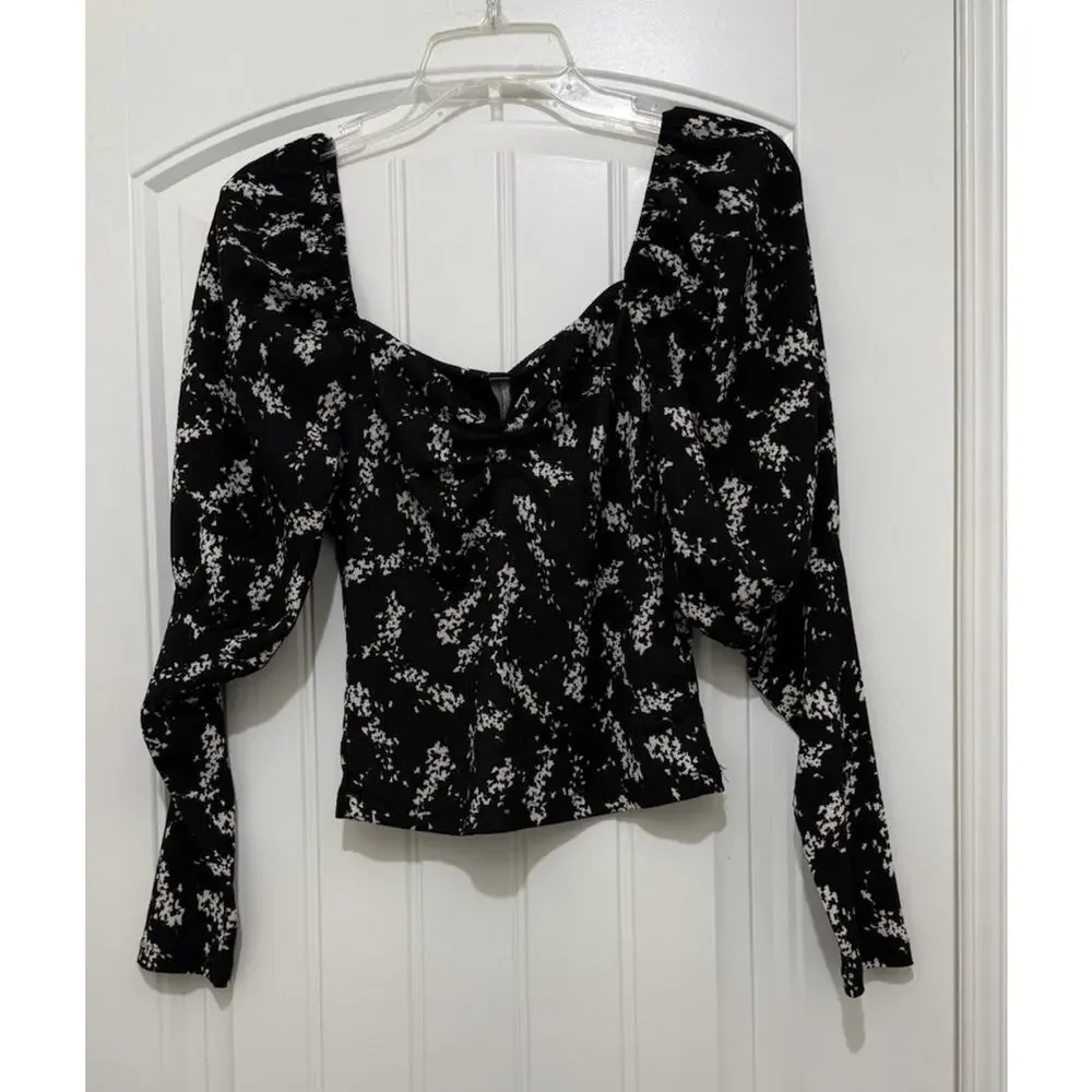 Anthropologie Black White Floral Textured Puff Sleeve Blouse - Womens XS